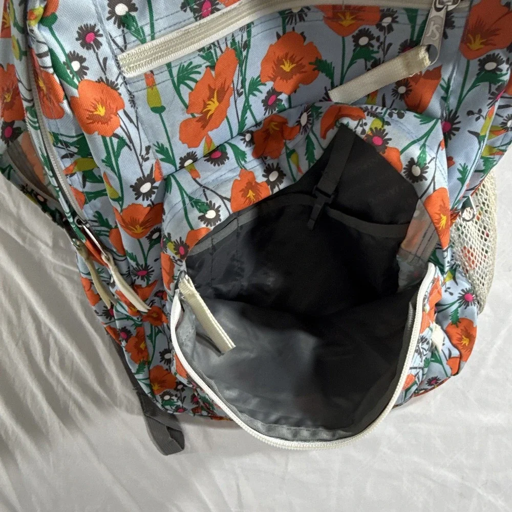 JanSport Floral Backpack Gray/Orange Bottle Pocket Zip Adjustable Straps